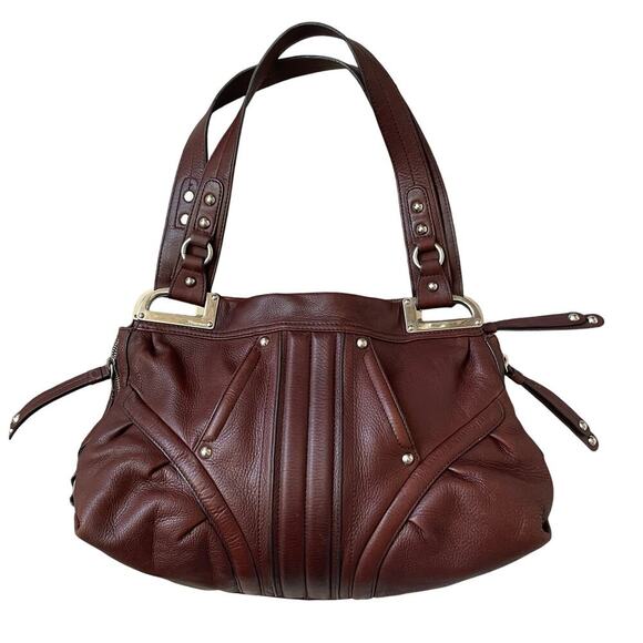 B. Makowsky Pebble Grain Leather Shoulder BagBrown, Studded, Slouch Hobo Tote